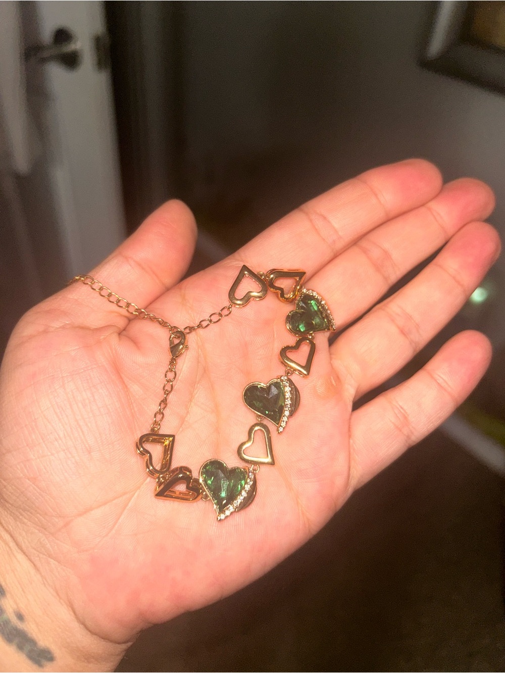 Gold-Tone Heart Link Bracelet with Green Gem Accents